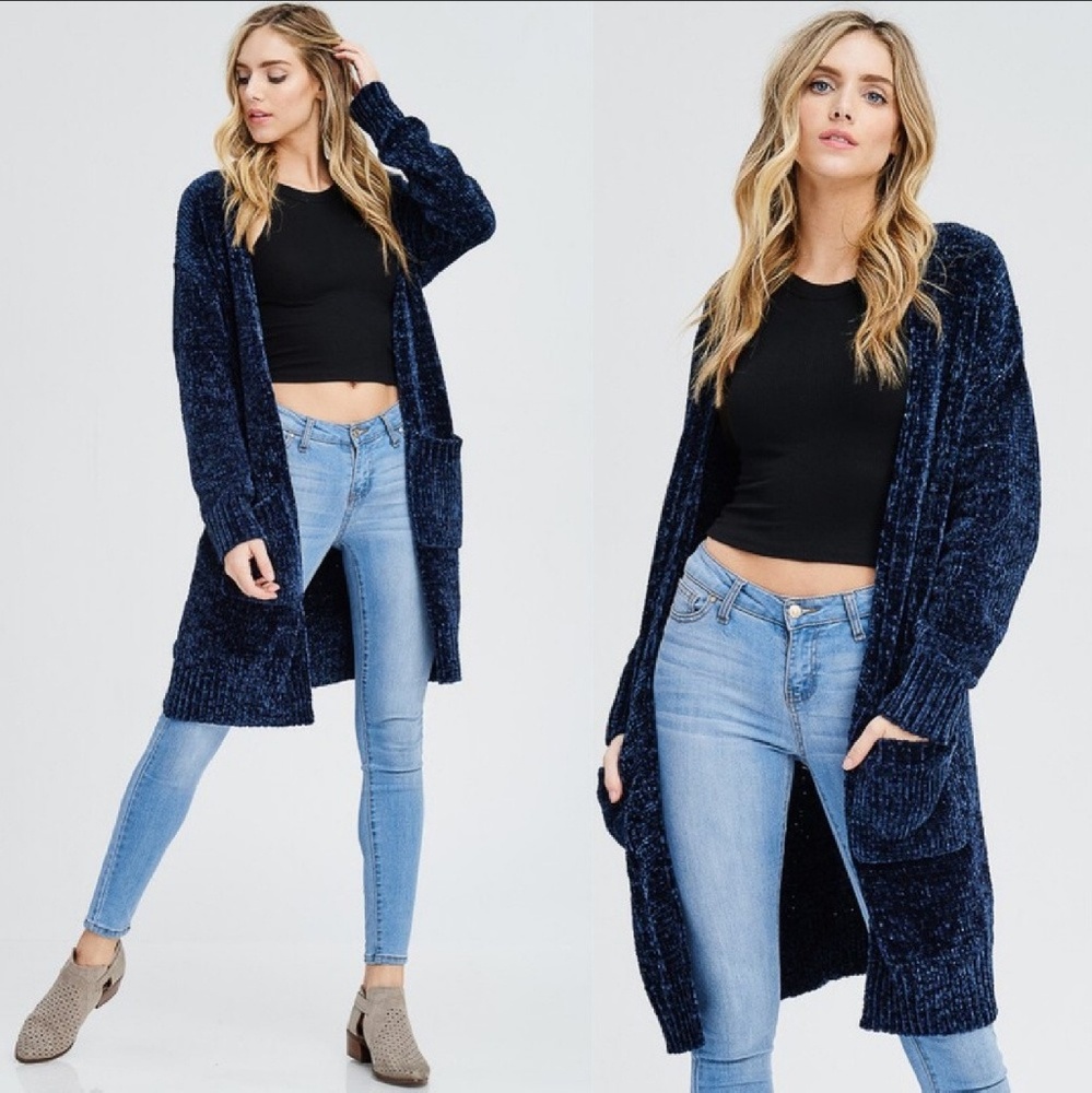 EMORY Chenille Long Line Cardigan Midnight Blue - Picture 10 of 10